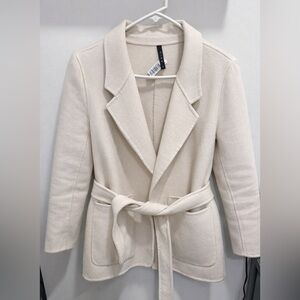 100% Wool Hand-Tailored Belted Coat – Cream Beige, Size S
